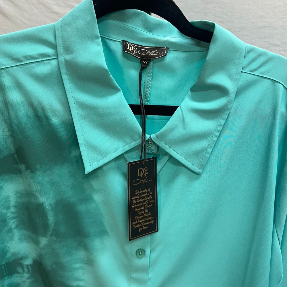 Denise‎ Karaman Teal Green Button Down Shirt Hi-Low Hem Tie Dye Blouse QVC - Picture 4 of 12